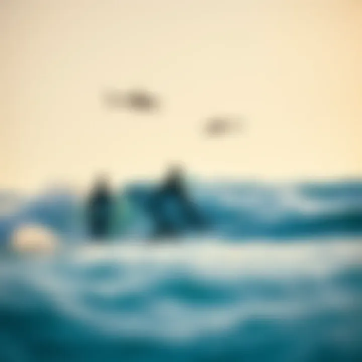 A serene coastal scene depicting surfers enjoying the waves, with a faint outline of sharks in the distance.