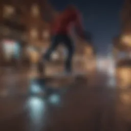A brightly lit electric skateboard navigating through a vibrant urban setting at night.
