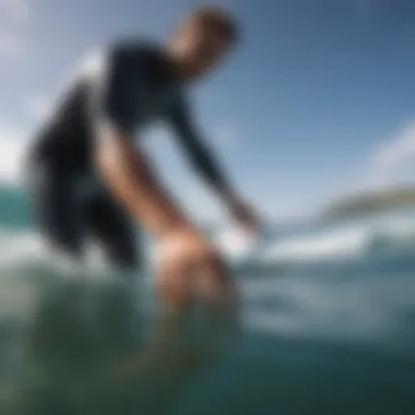 Surfer using shark resistant bracelet in ocean