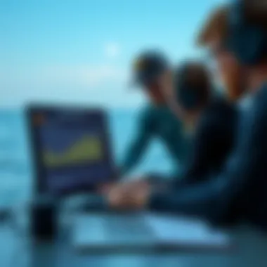 Marine biologists studying shark data on a digital screen