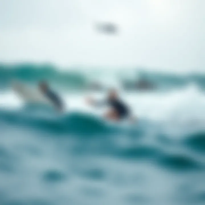 Surfers enjoying the waves with sharks in the distance