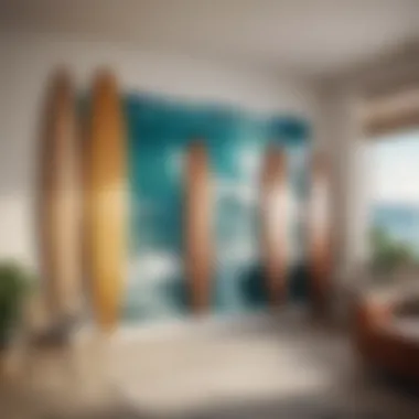 A creative setup of multiple surfboard wall stands in a stylish surf-themed interior.