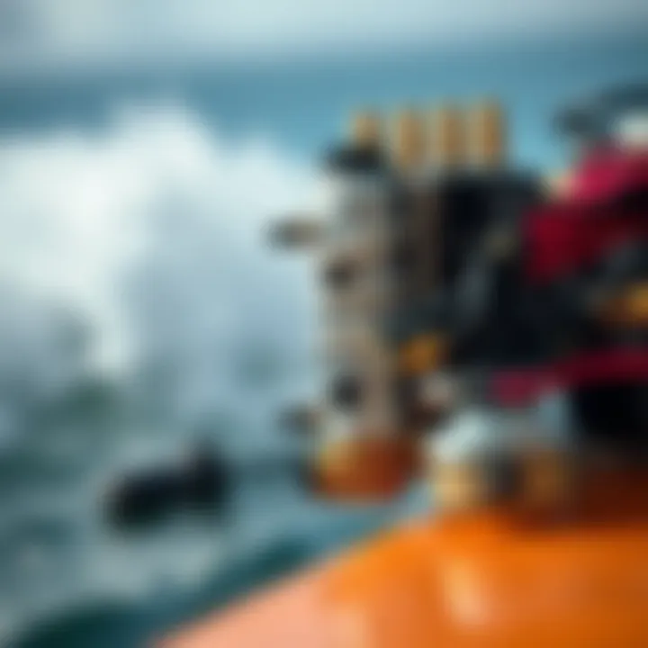 Close-up of RC surfer technology components