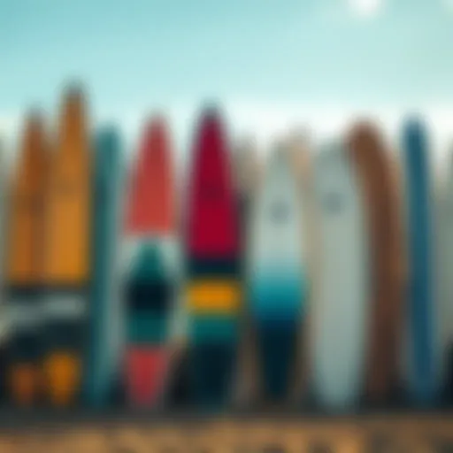 Diverse Lake Surfboard Designs A collection of lake surfboards showcasing different designs and colors