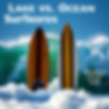 Comparative Analysis: Lake vs Ocean Surfboards An illustration depicting the differences between lake surfboards and ocean surfboards