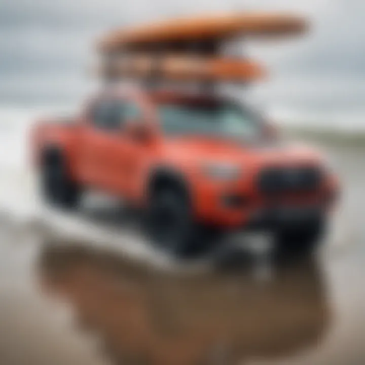 A Toyota Tacoma with paddle board rack securely holding paddle boards