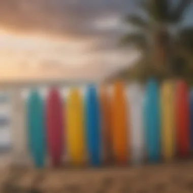 Colorful surfboards lined up against a backdrop of the ocean