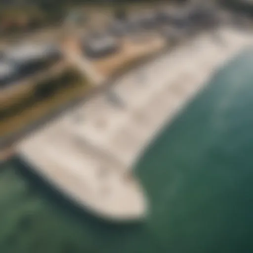 Aerial view of a modern wakeboarding park showcasing various ramps and features