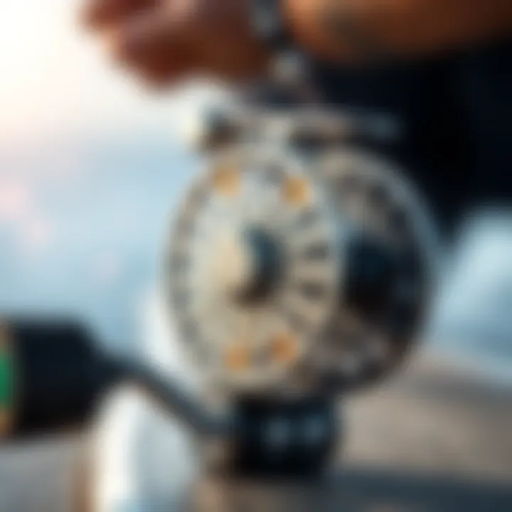 Detailed view of key features on a surf casting reel