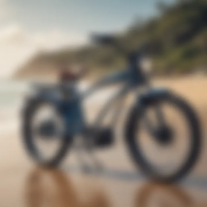 Electric bike parked on a beach with surfboards