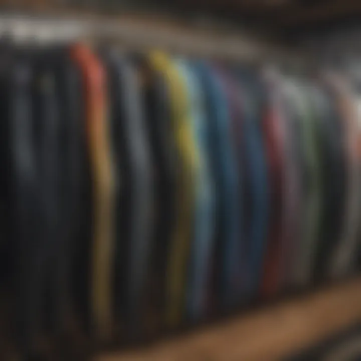 A variety of wetsuits displayed on a rack, showcasing different styles and colors.