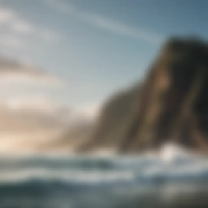 A tranquil coastline view with surfers enjoying hydrofoil surfing