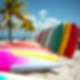 Vibrant surfboards lined up on a sunny Fort Lauderdale beach