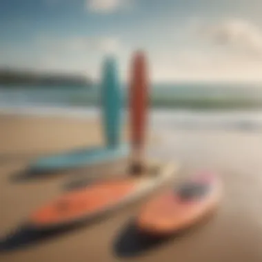 A diverse range of paddle boards displayed on a sandy beach