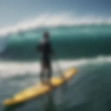 A paddler adjusting their stance on a board in choppy waters