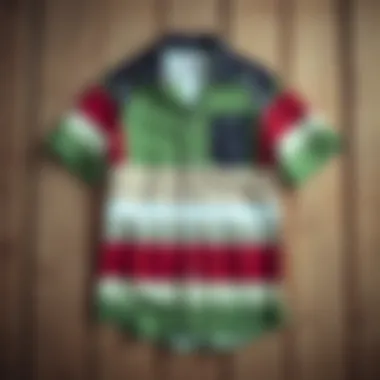 A detailed layout of the design features of the Izod Surfcaster shirt on a wooden background.