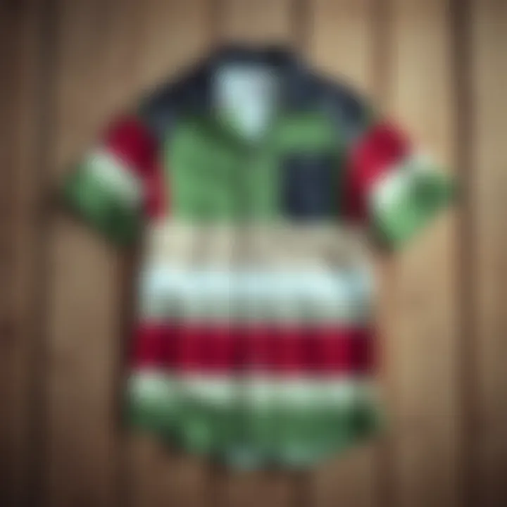 A detailed layout of the design features of the Izod Surfcaster shirt on a wooden background.