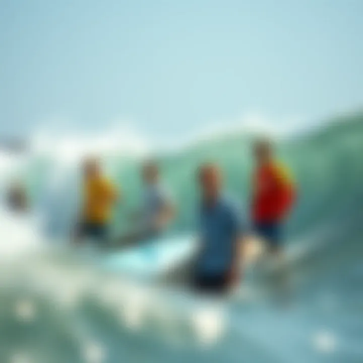 An artistic depiction of the historical evolution of surf fashion featuring the Izod Surfcaster shirt.