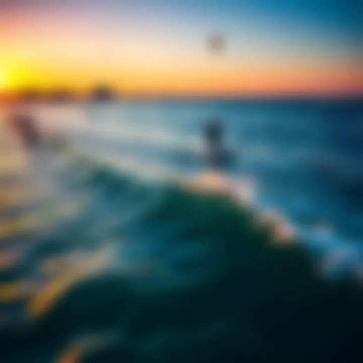 An aerial view of kite surfers riding the waves at sunset in Tampa