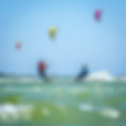 Vibrant kite surfing action on Tampa Bay with colorful kites in the sky