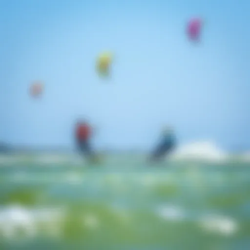 Vibrant kite surfing action on Tampa Bay with colorful kites in the sky