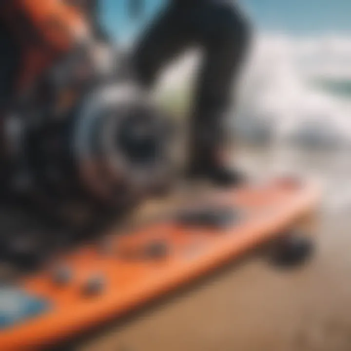 A close-up of essential kiteboarding gear laid out for inspection.