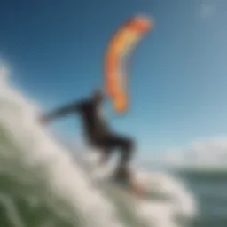 A vibrant kitesurfer gliding over ocean waves