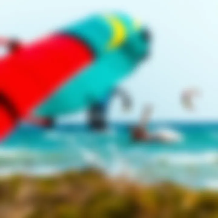 A vibrant kitesurfing scene in California showcasing colorful kites against the ocean backdrop