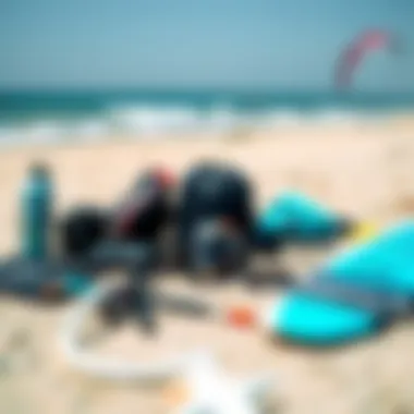 Gear Up for Kitesurfing Adventures Essential kitesurfing gear laid out on the sandy beach
