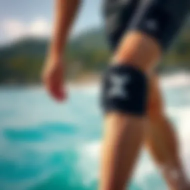 Knee Brace Detail for Surfing Close-up of knee brace on a surfer's leg