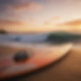 Surfboard resting on the beach at sunset in Kona Town