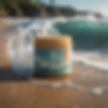 Environmentally friendly packaging of Manda Organic SPF 50 Sun Paste with ocean backdrop