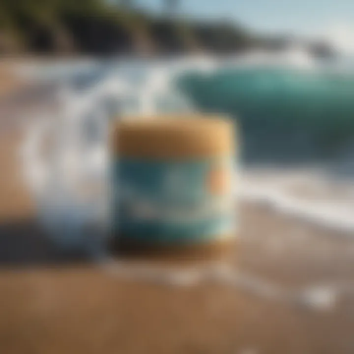 Environmentally friendly packaging of Manda Organic SPF 50 Sun Paste with ocean backdrop