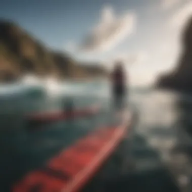 A group of paddleboarders navigating through scenic coastal waters