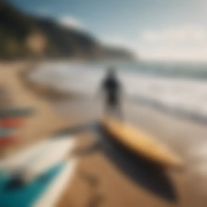 A surfer examining various surfboard types on a beach.