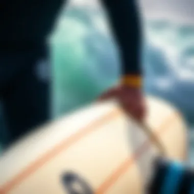 Essential Surfing Gear Close-up of essential surfing gear including a board and wetsuit