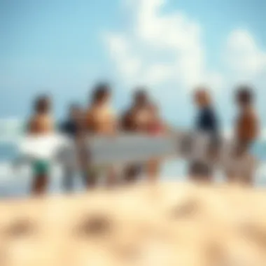 A group of surfers sharing tips and experiences on the beach