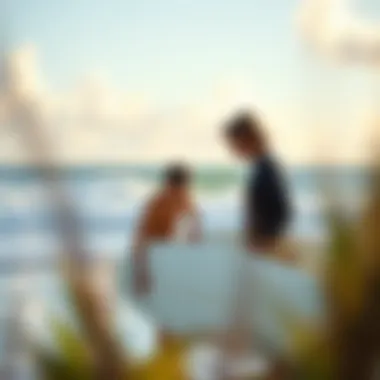 A beginner surfer receiving guidance from an instructor on the beach