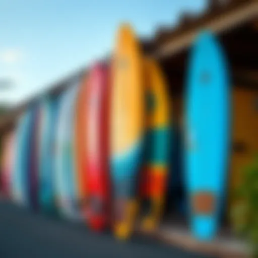 Vibrant surfboards lined up outside a rental shop in Maui
