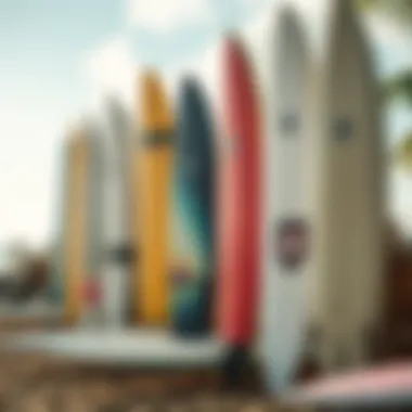 A variety of surfboard types showcasing different designs and sizes available for rent