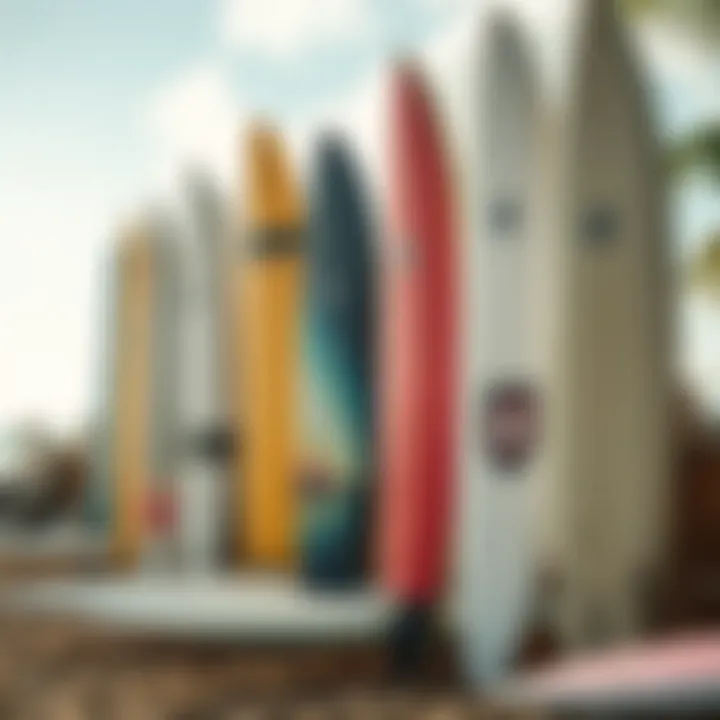 A variety of surfboard types showcasing different designs and sizes available for rent
