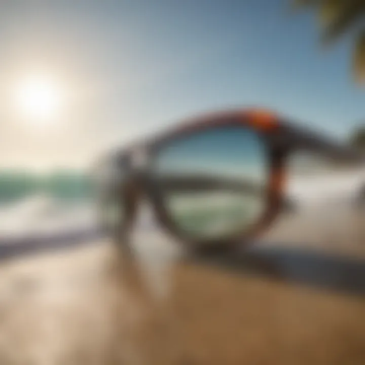 Dynamic view of surfer sunglasses on a beach