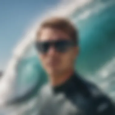 Surfer showcasing sunglasses while riding a wave