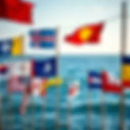 A collection of various nautical code flags displayed against the ocean backdrop