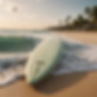 Surfboard resting on the golden sands of an Aruba beach