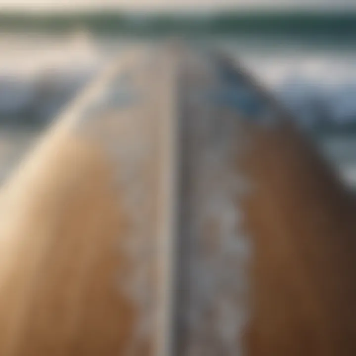 Close-up of a surfboard displaying unique designs and textures