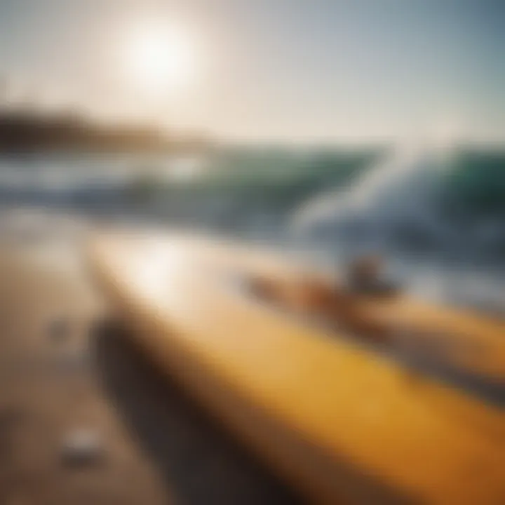 Close-up of a surfboard with sunscreen and protective gear