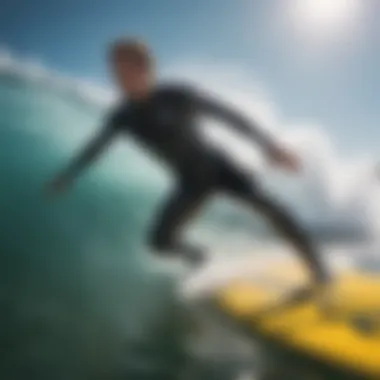 A surfer wearing a sun-protective wetsuit while surfing