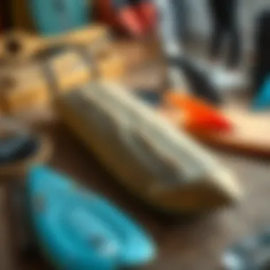 Detailed Surf Log and Gear A detailed surf log on a wooden table with surf gear