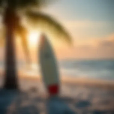 Surfboard at the Beach A serene beach setting with a surfboard propped against a palm tree